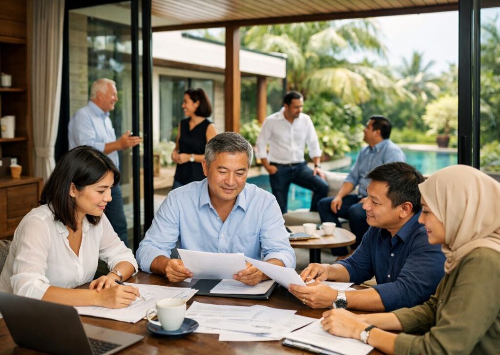 C-suite team working and bonding during a CEO retreat at a private Malaysian homestay villa