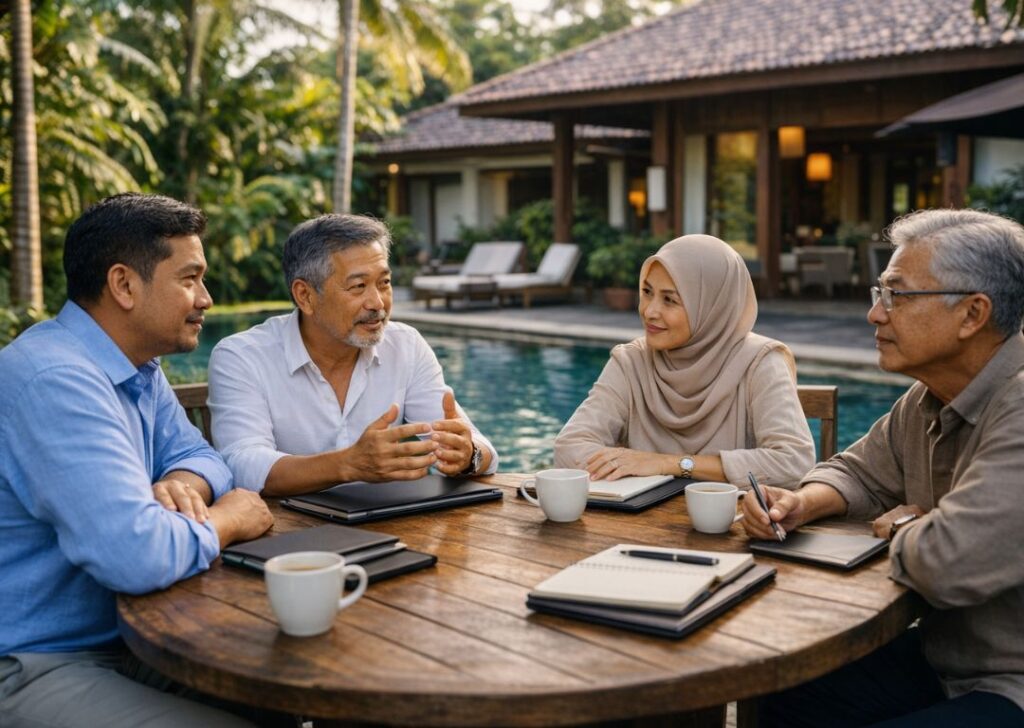 CEO and leadership team discussing strategy at a private Malaysian homestay villa by the pool