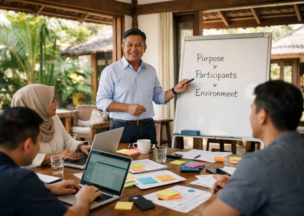 Corporate leaders planning strategy inside a quiet Malaysian homestay villa meeting space