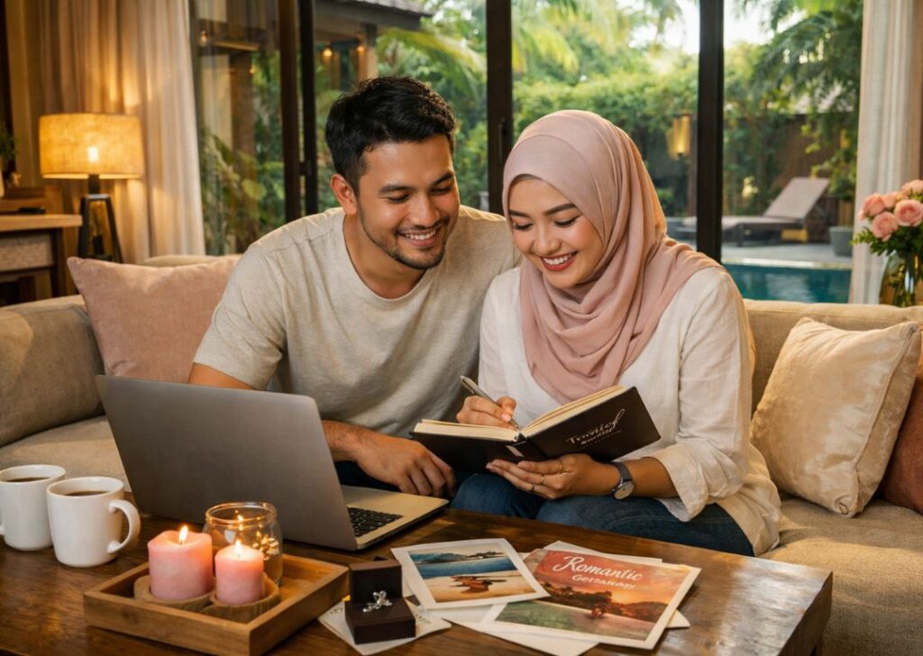 Couple arranging a surprise proposal in a Malaysia private pool villa homestay.