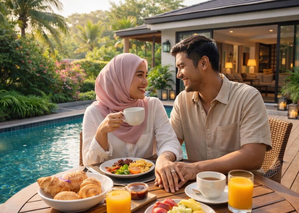 A couple celebrating their engagement morning at a Malaysian private pool villa.