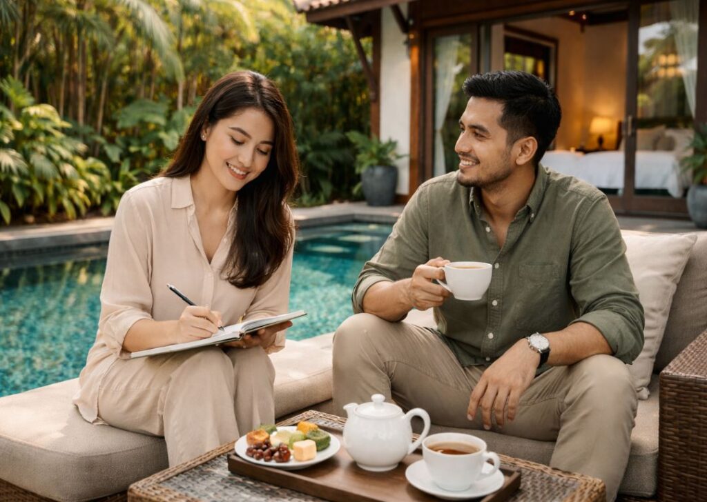 Couple enjoying a calm pre-wedding bonding stay at a Malaysian private pool villa homestay