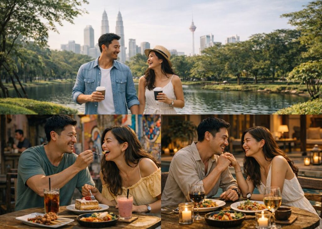 Couple on a KL honeymoon enjoying romantic walks, café treats, and a private KL homestay stay with The Luxurious