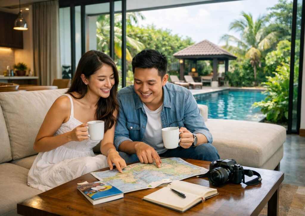 Couple planning their pre-wedding trip at a Malaysian private villa homestay with pool and tropical setting