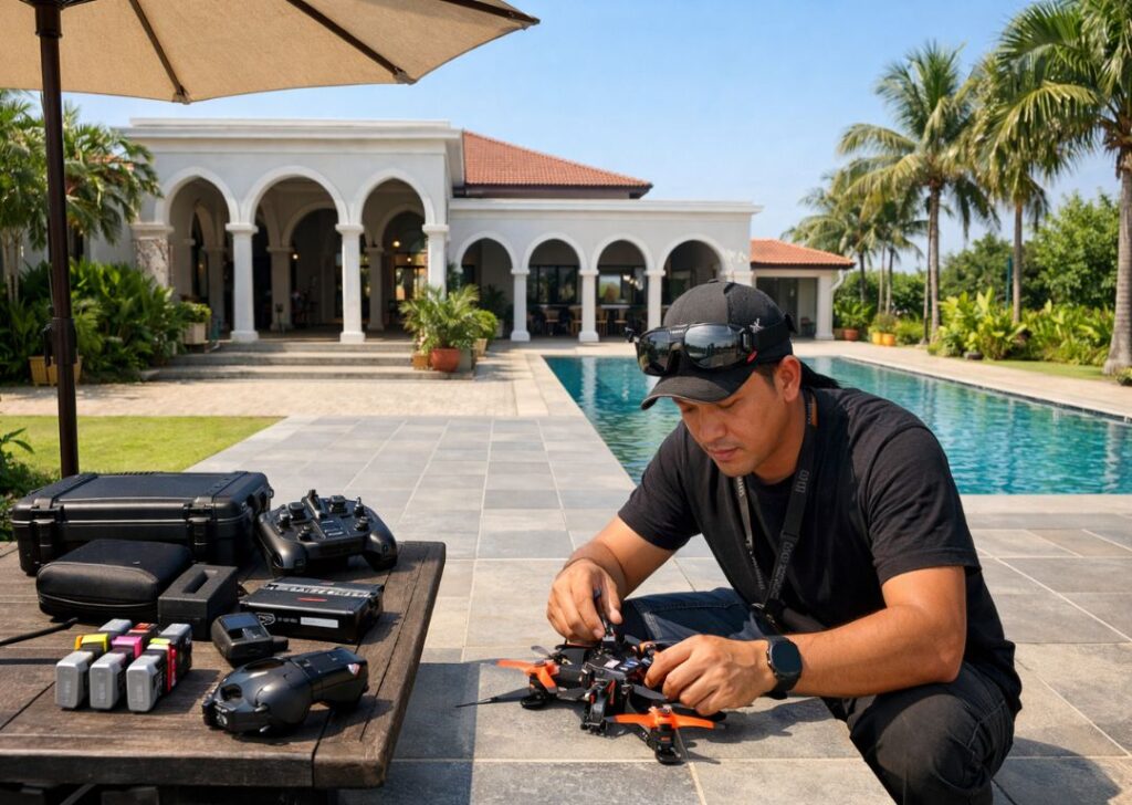 Drone setup in progress by a guest at a Malaysian private pool villa homestay.