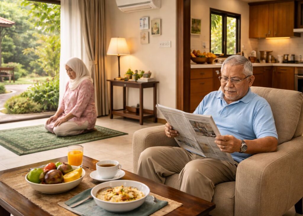 Elder-friendly homestay in Malaysia with seating, prayer corner, and daily comfort 