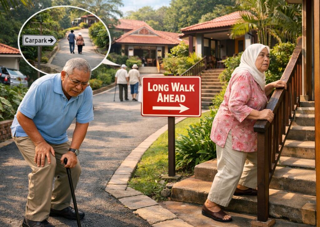 Elderly facing stairs and long walks at a Malaysian homestay highlighting mobility challenges
