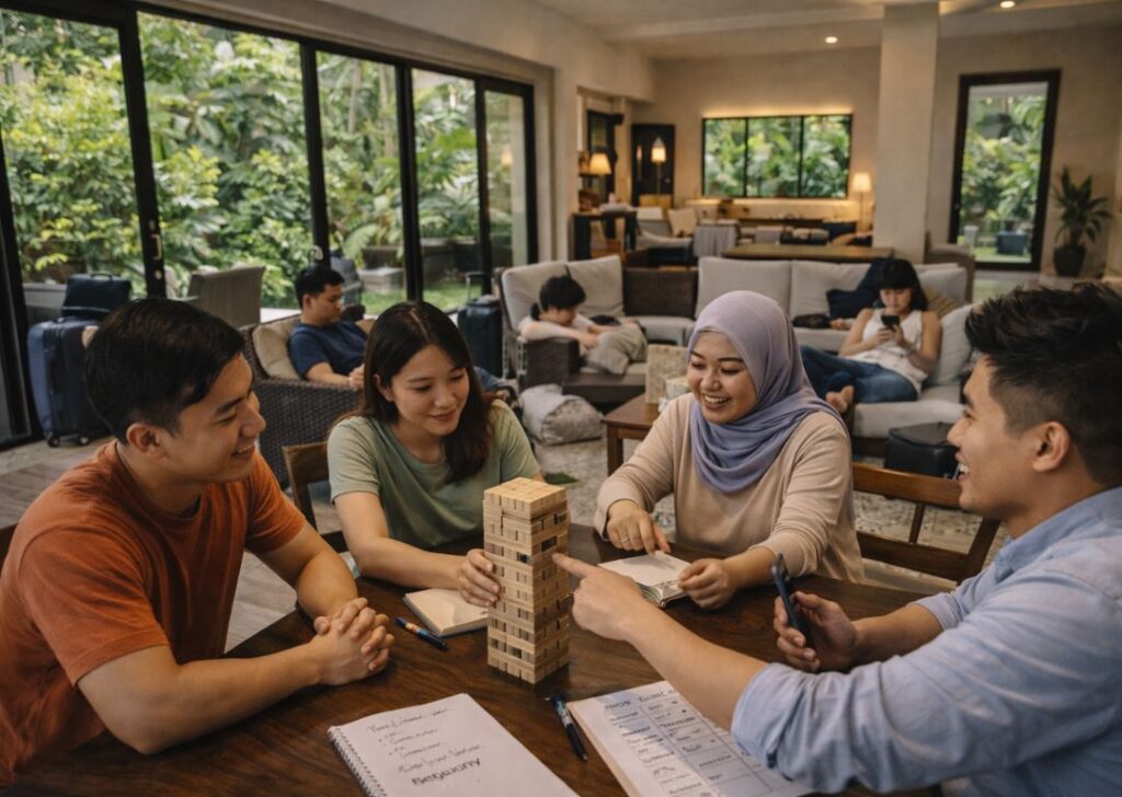enjoying a stress-free group vacation at a Malaysian homestay with flexible activities and private villa space.