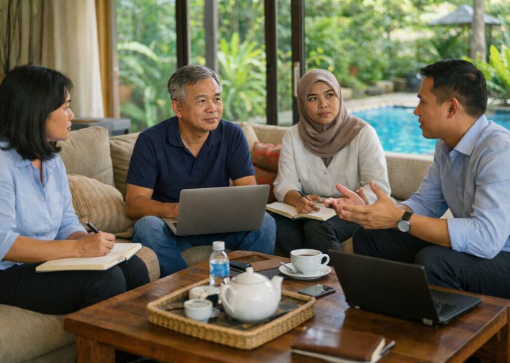 Executives discuss strategy in a private Malaysian villa living room with tropical garden views.
