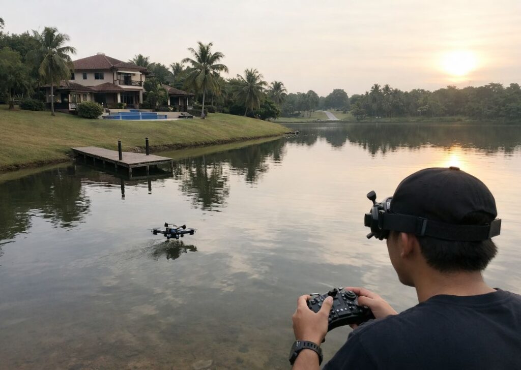 FPV drone flying near a Malaysian lakeside private pool homestay villa.