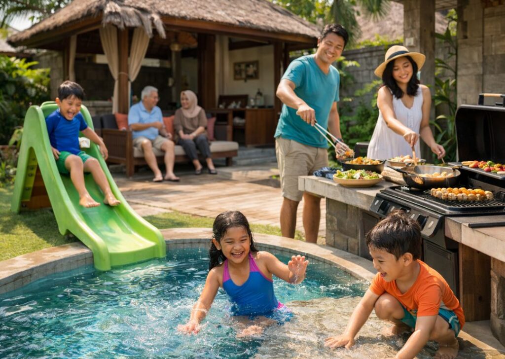 Family enjoying a budget-friendly school holiday at a Malaysian homestay with private pool and outdoor space,