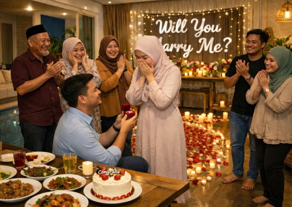 Family rejoicing over a surprise proposal at a Malaysian private homestay.