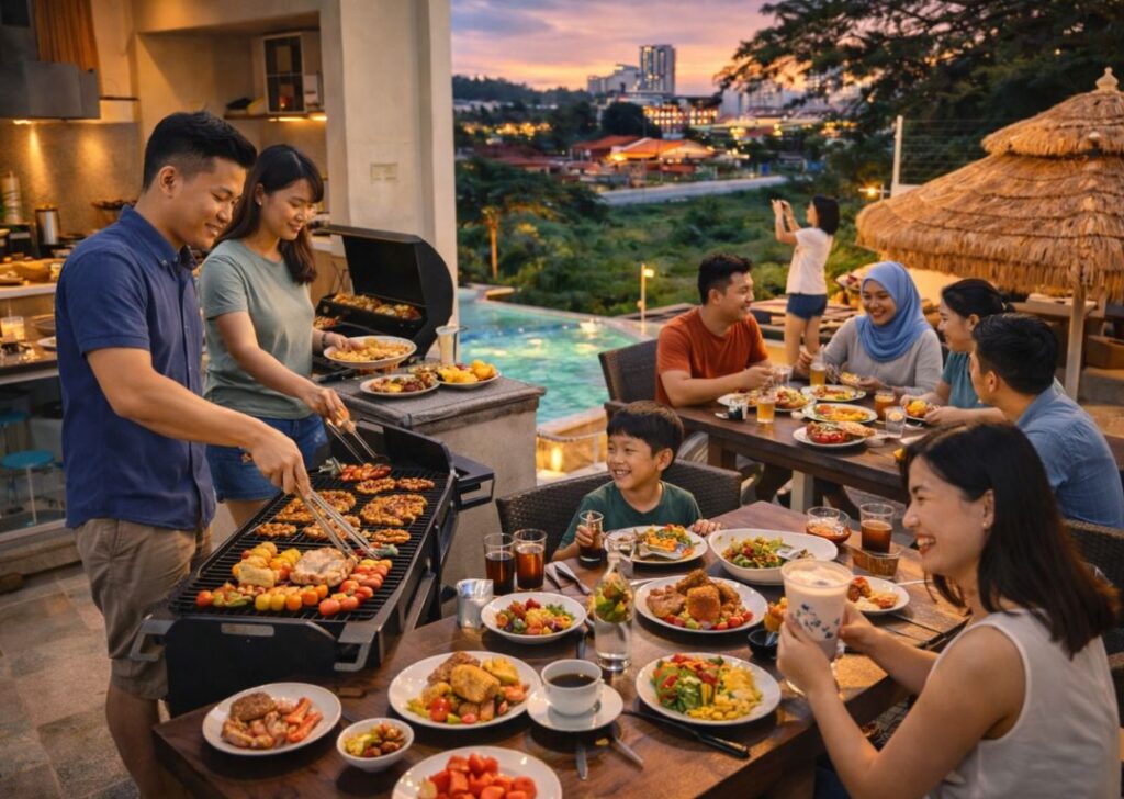 Group of friends having a fun and relaxed poolside meal at a private Malaysian homestay.