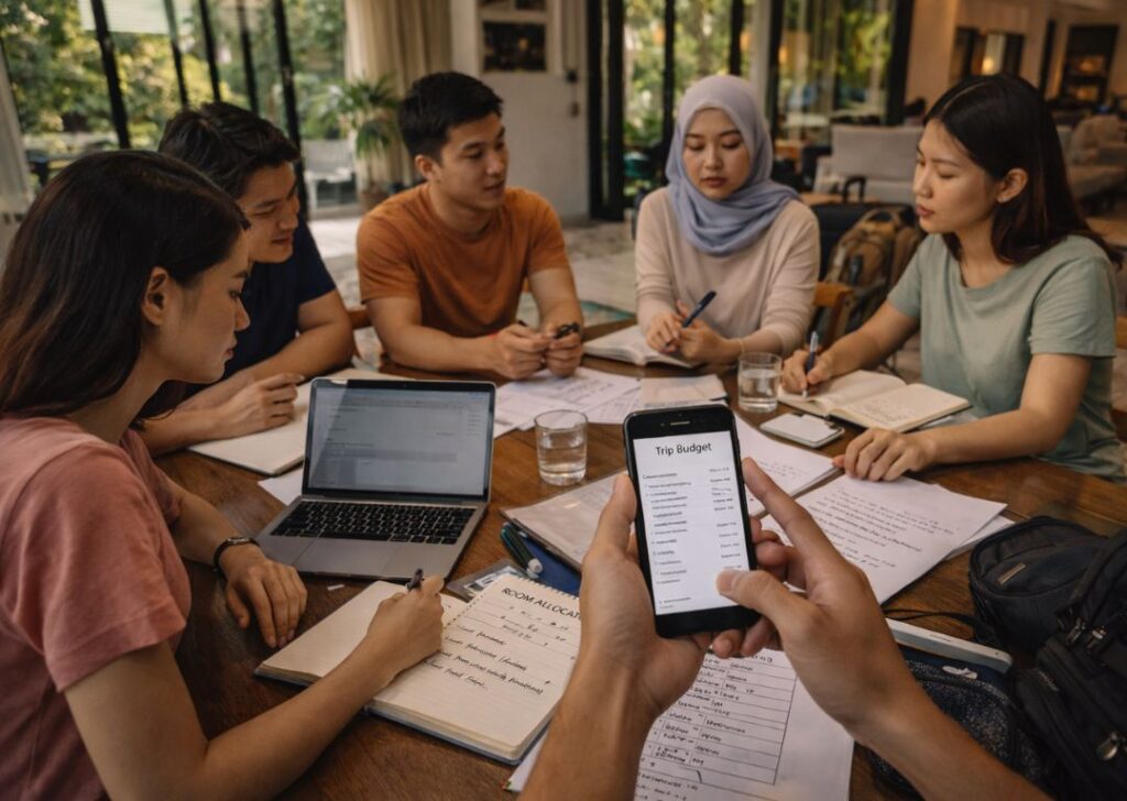 Group of guests planning their stay and activities at a private Malaysian homestay.