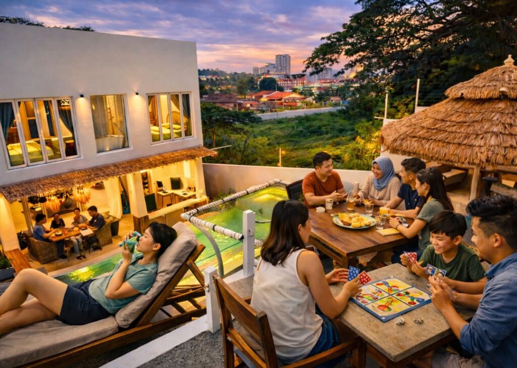 Having a stress-free group trip at a spacious Malaysian homestay, with pool, games, and indoor-outdoor spaces.