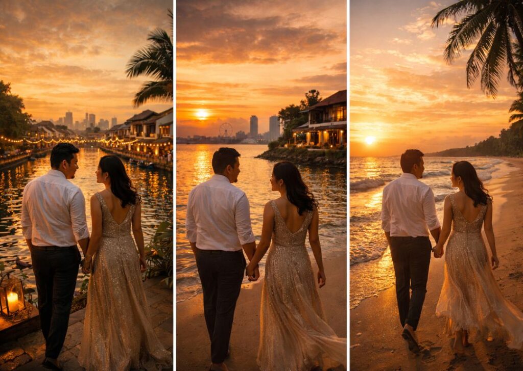 Malaysia homestay couple exploring romantic proposal locations by river and beach