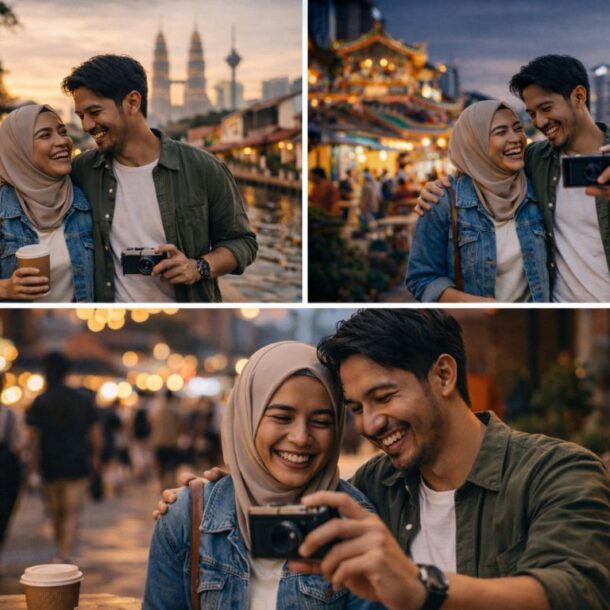 Malaysia honeymoon couple capturing love story photos during a romantic villa stay in Johor Bahru, Melaka and Kuala Lumpur