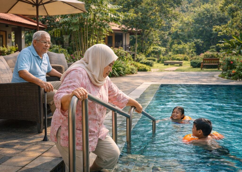 Malaysia villa pool and garden designed for elderly safety and comfort