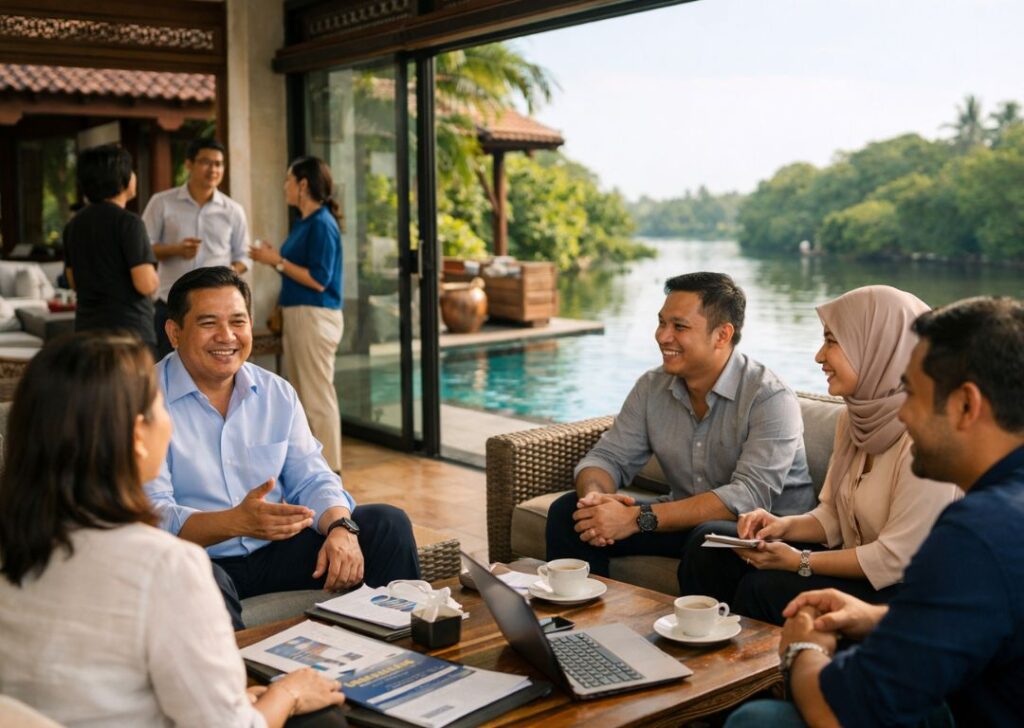 Malaysian CEO and leadership team collaborating and reflecting at a private homestay villa in Melaka with pool and river views