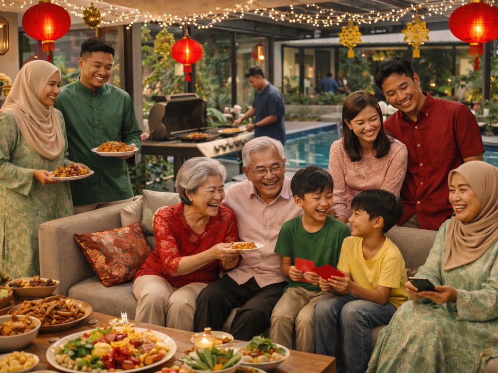 Malaysian families are enjoying the Chinese New Year and Hari Raya reunion at a private homestay with a pool and BBQ area