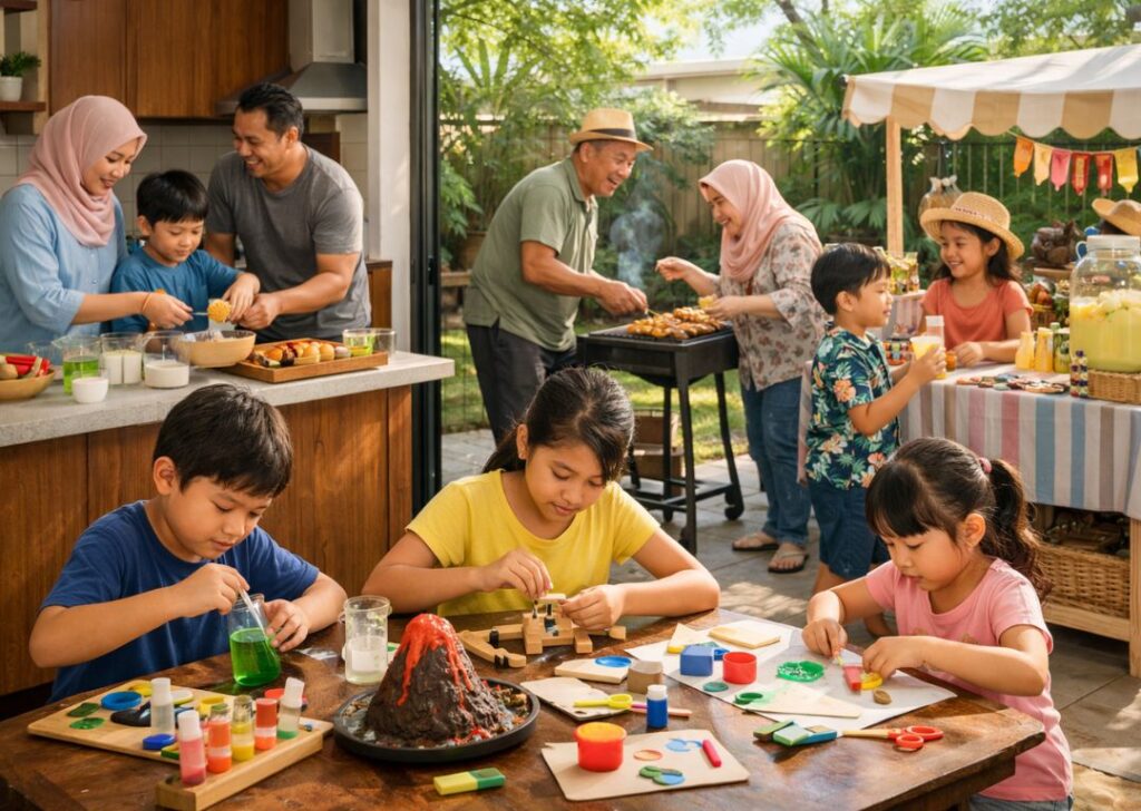 Malaysian family enjoying lively home-based school holiday activities, including crafts, cooking, and mini bazaar, in a bright and open homestay space.