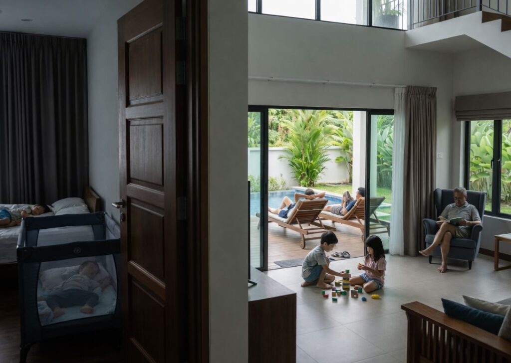 Malaysian family villa showing kids napping, parents relaxing, and quiet zones for better sleep during a family holiday."