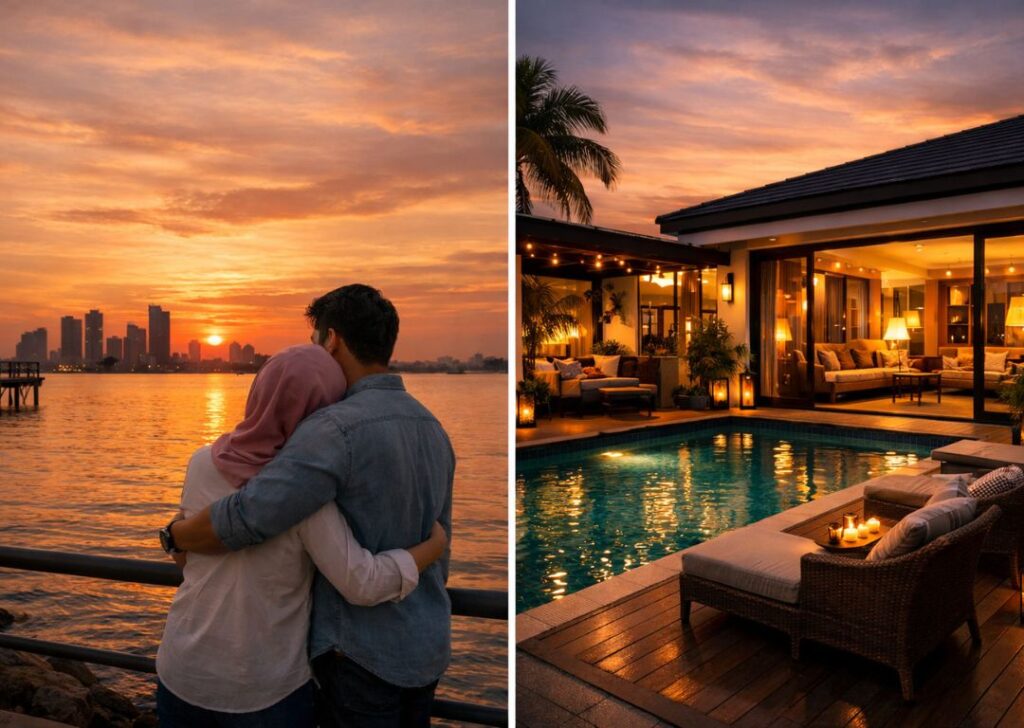 Malaysian homestay couple relaxing by the Johor waterfront at sunset near their private villa.