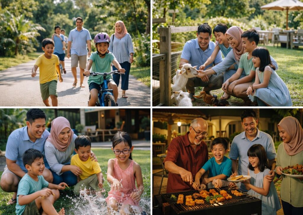 Malaysian school holiday moments: adventure outdoors, discovery at a farm or picnic, and family connection with multi-generation gathering at homestay.