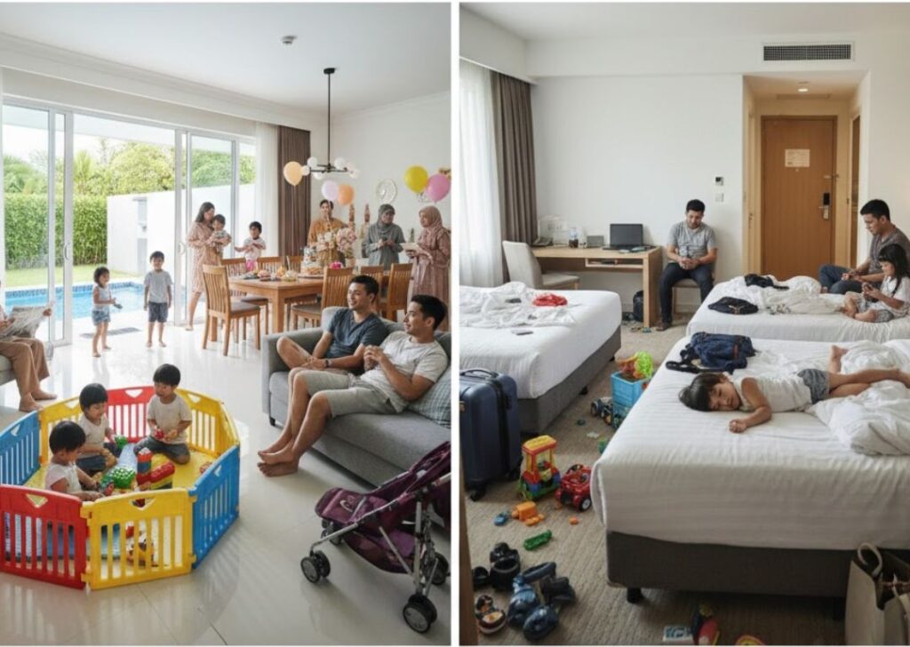 Malaysian villa vs hotel comparison showing families with kids, multigenerational bonding, and celebrations during a vacation