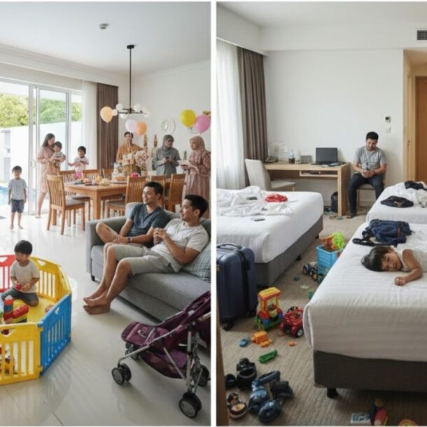 Malaysian villa vs hotel comparison showing families with kids, multigenerational bonding, and celebrations during a vacation