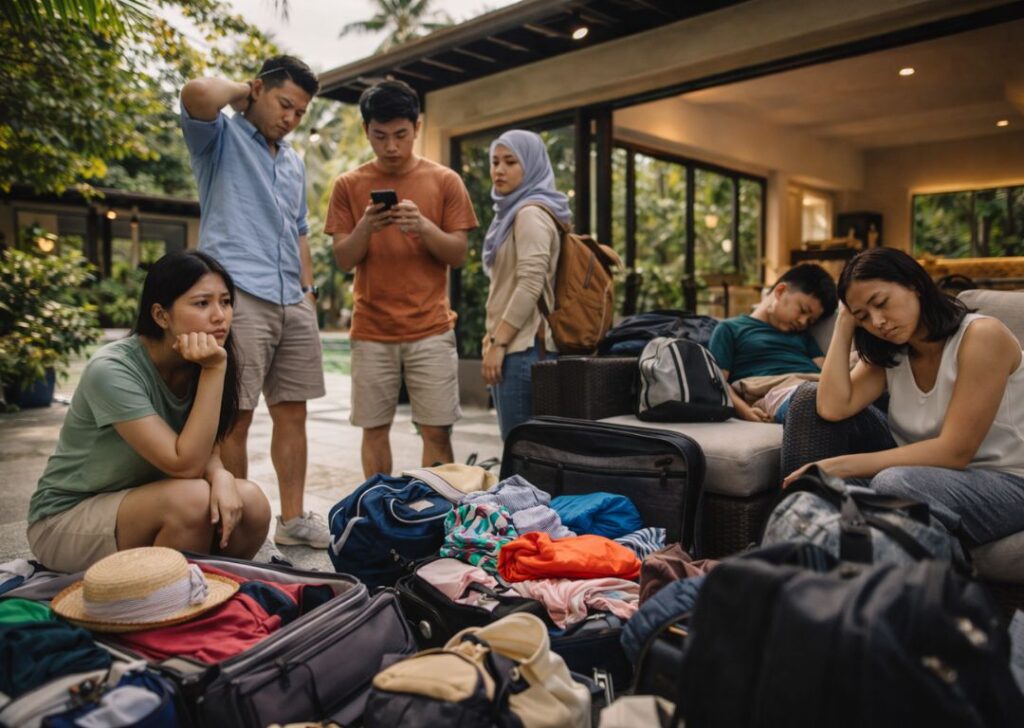 Messy group trip in Malaysia showing travel planning mistakes and stressed friends at a homestay.