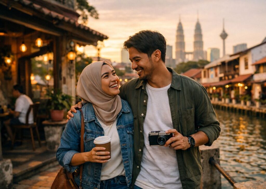 Newlywed couple enjoying a romantic Malaysia trip across Johor Bahru, Melaka and Kuala Lumpur.
