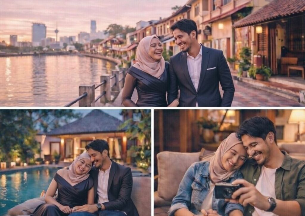 Newlywed couple exploring romantic streets and riversides in Melaka while staying at a private villa for their honeymoon.