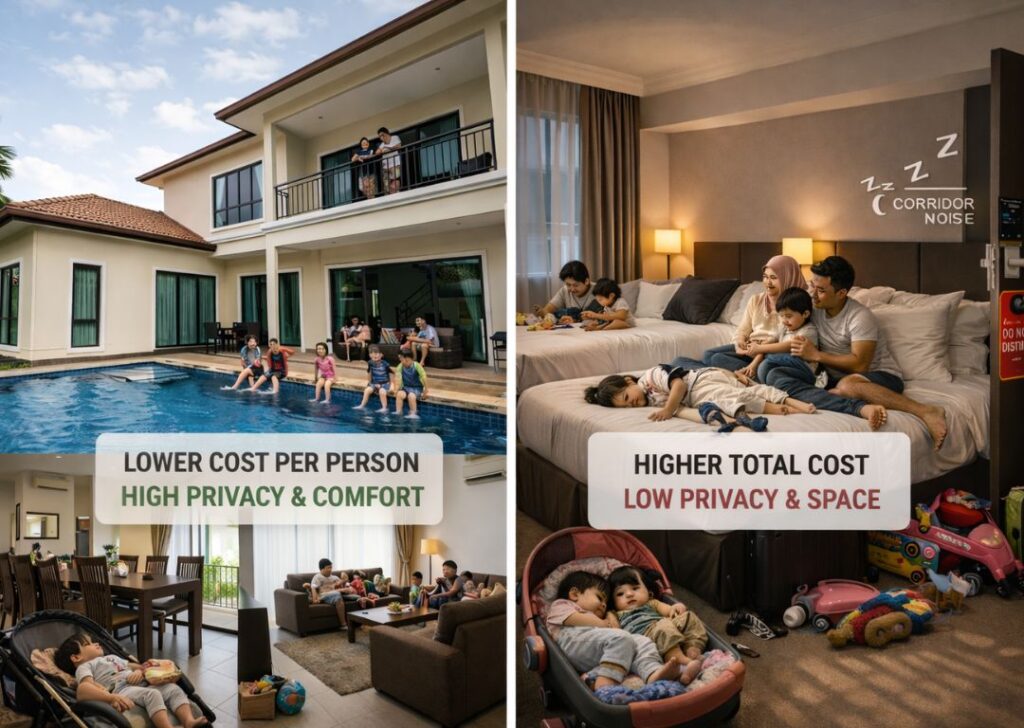 Parents deciding between a spacious Malaysian villa with private pool and a cramped hotel room for their family trip