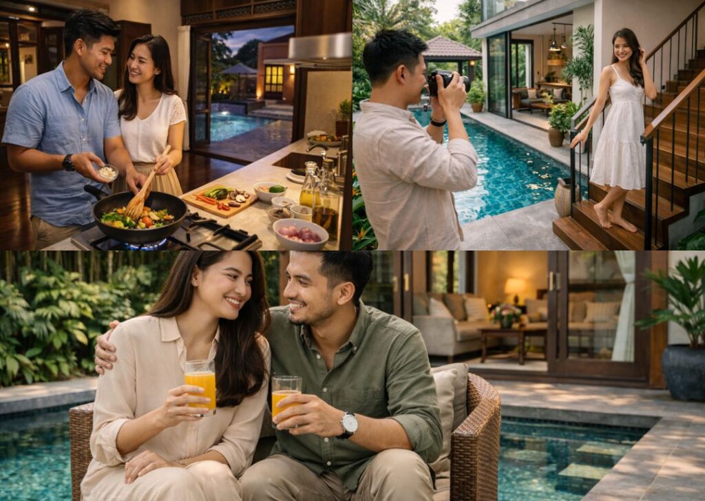 Pre-wedding couple enjoying kitchen and private space at a Malaysian villa homestay offered by The Luxurious
