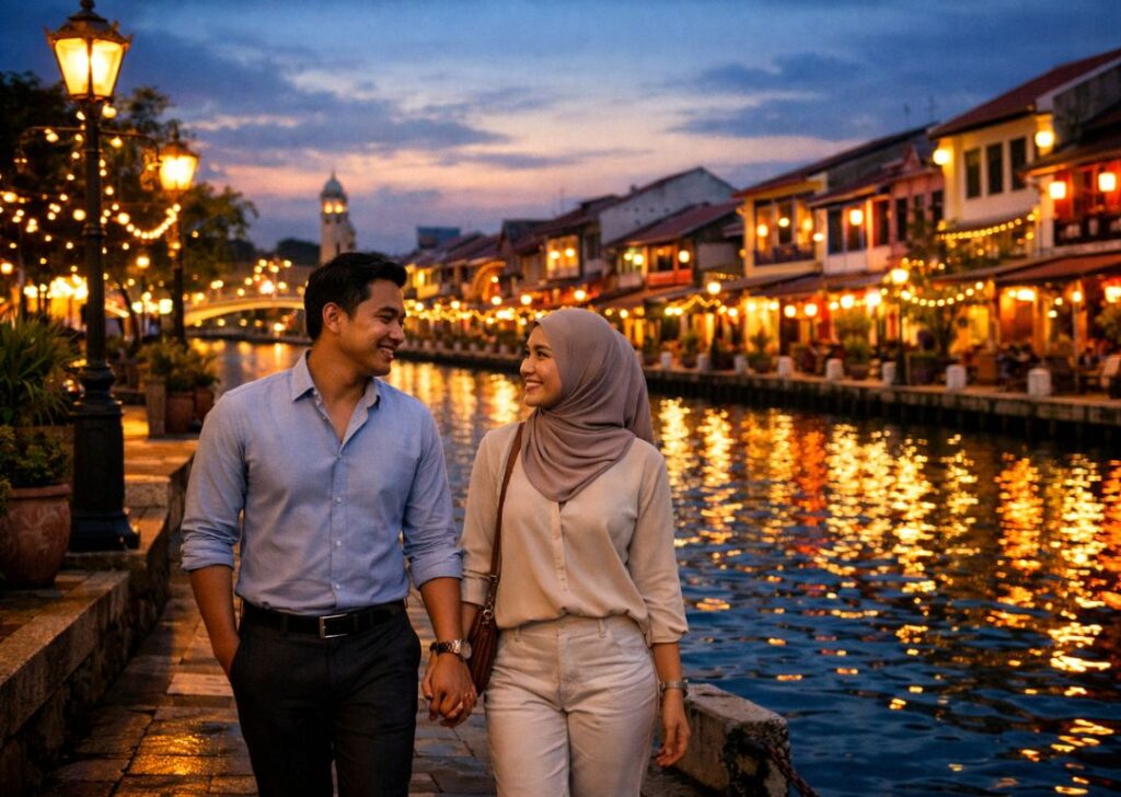 Romantic dusk walk by the Melaka River for a couple staying at a Malaysian homestay.