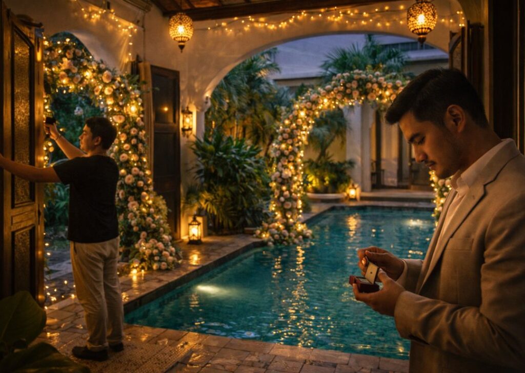 Romantically decorated private pool homestay villa in Malaysia for a surprise proposal.