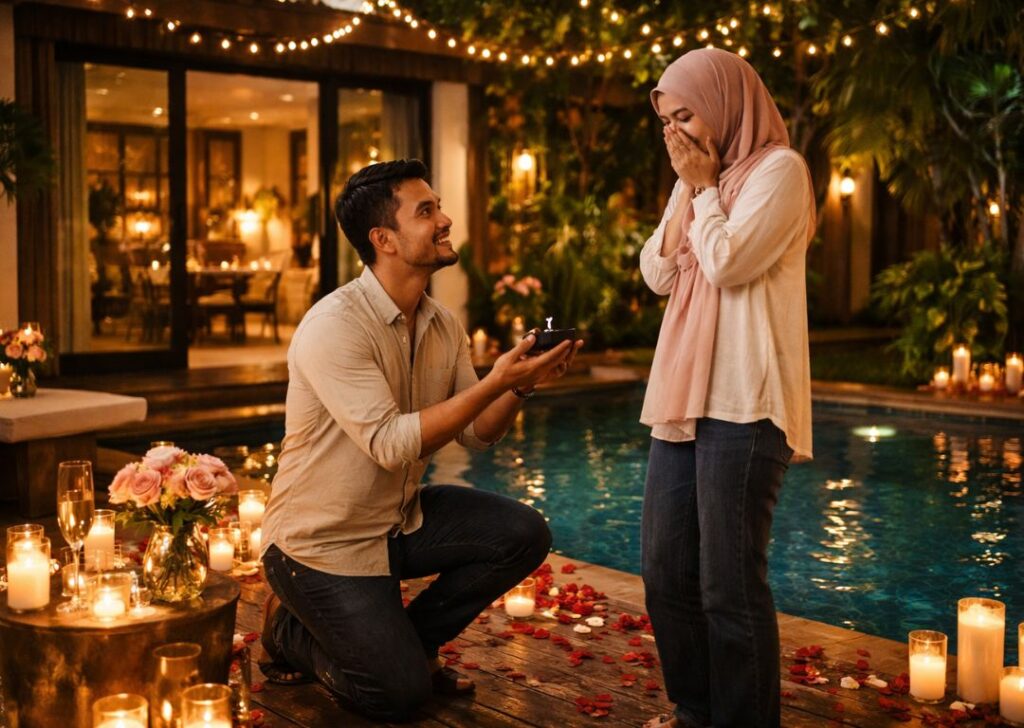 Surprise marriage proposal setup at a Malaysian homestay private pool villa with candlelight at night.
