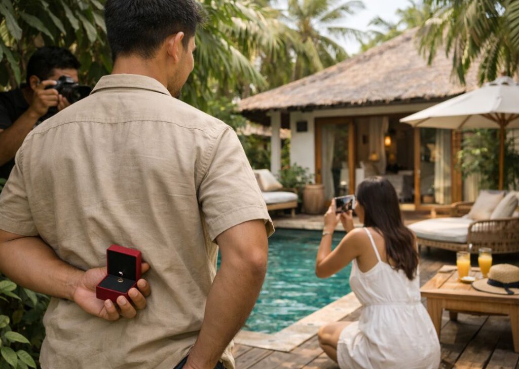 Surprise proposal moment at a Malaysian private pool villa homestay.