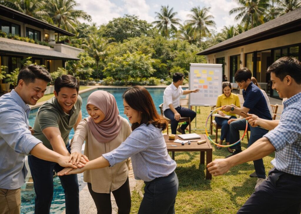 corporate team building activity at a private luxury villa with outdoor space and pool