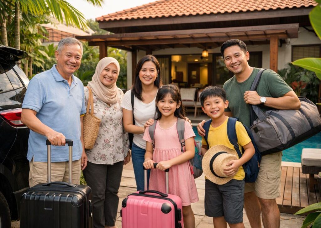 family arriving at private pool homestay in Melaka Malaysia